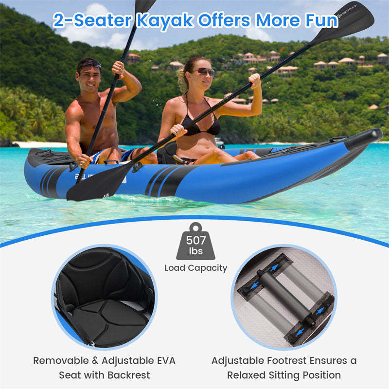 2-Person Inflatable Kayak Set EVA Padded Seat Portable Touring Kayaks with 2 Aluminium Oars, 2 Fins & Hand Pump