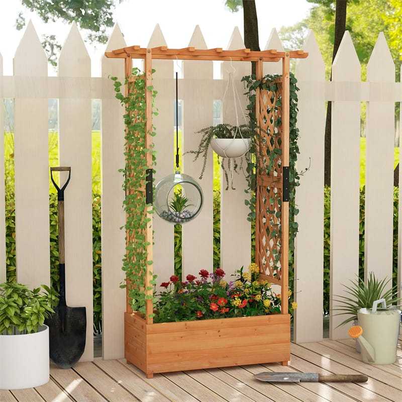 72" Raised Garden Bed with 2-Sided Trellis & Hanging Roof, Fir Wood Planter Box w/ Drainage Holes for Flowers, Herbs, Climbing Vines, Indoor/Outdoor