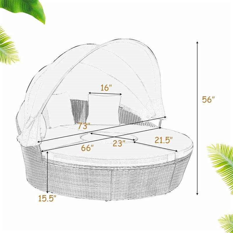 Round Patio Rattan Daybed with Retractable Canopy, Adjustable Coffee Table & Cushions, Outdoor Wicker Sectional Sofa for Poolside, Backyard