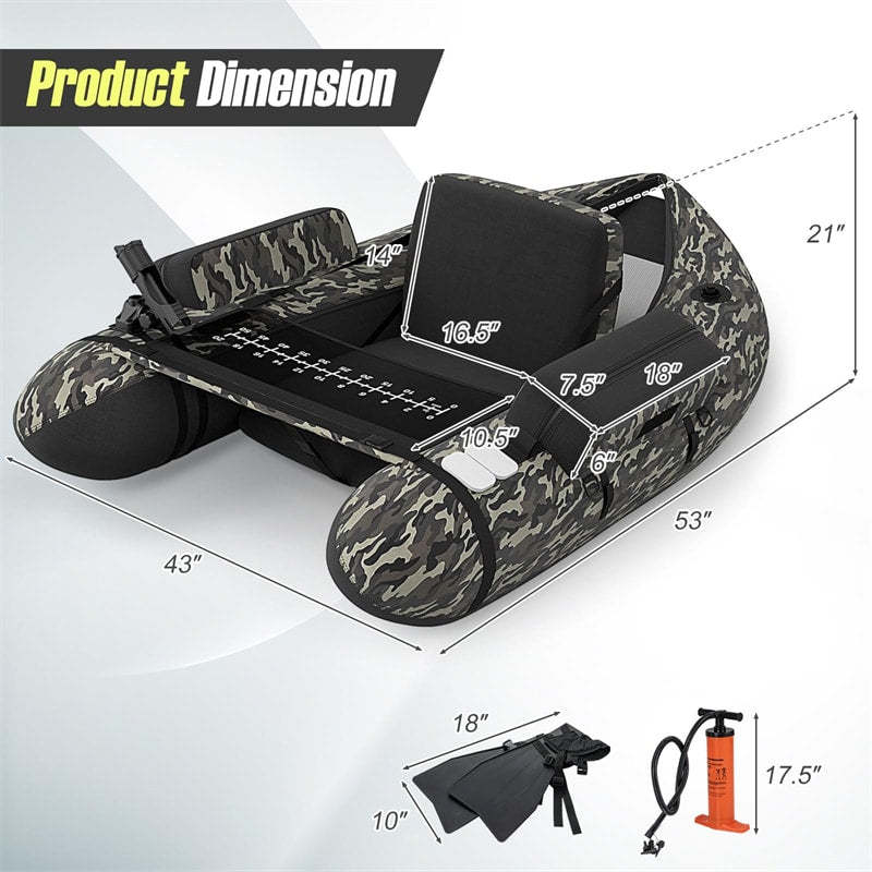 Fishing Float Tube, Inflatable Fishing Boat with Pump, Paddle, Fish Ruler, Flippers, Storage Pockets, Portable Backpack Belly Boat, Holds 350LBS