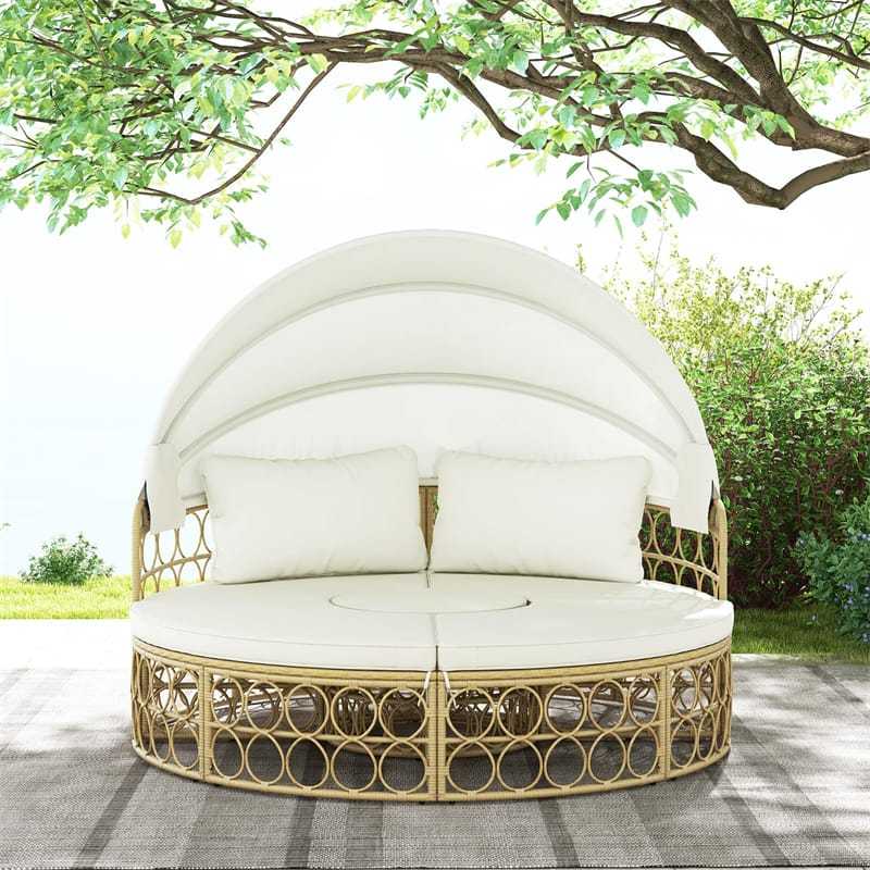 Outdoor Patio Round Daybed with Retractable Canopy, PE Rattan Wicker Sectional Seating Furniture with Soft Cushions & Pillows for Garden Yard