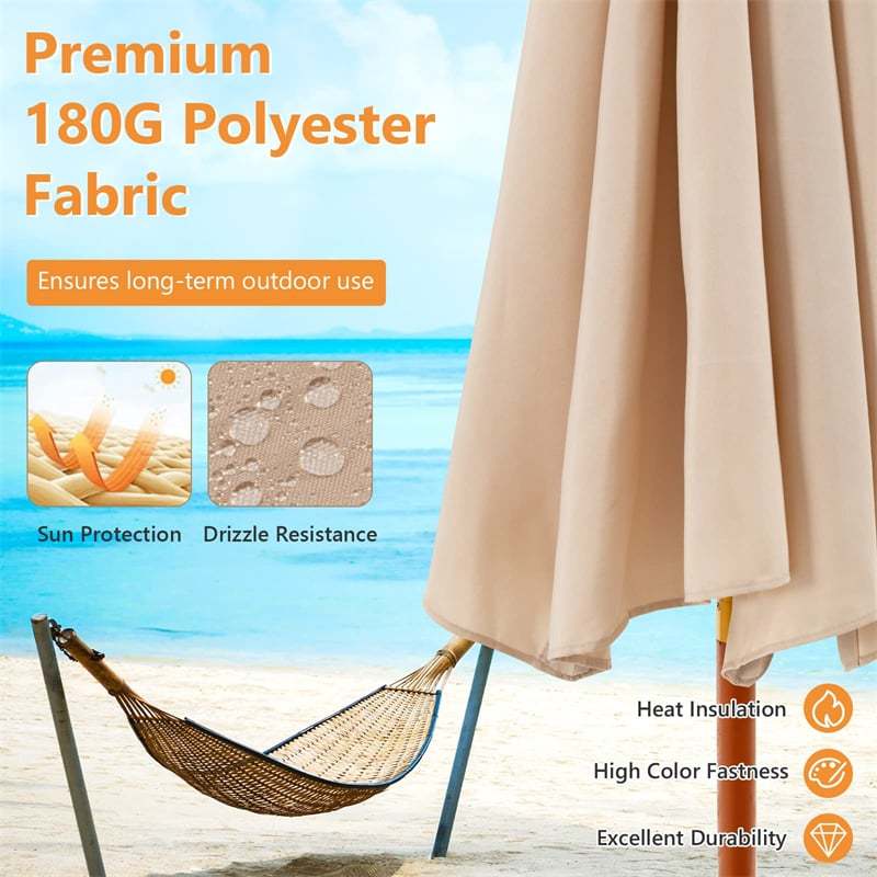 9.5FT Rope Pulley Lift Patio Umbrella Wooden Outdoor Market Umbrella Height Adjustable Table Parasol with 8 Fiberglass Ribs