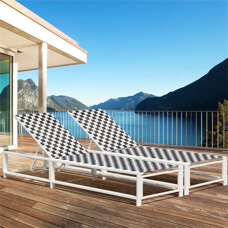 Outdoor Chaise Lounge Adjustable Patio Lounge Chair Metal Frame Garden Reclining Poolside Chair with Breathable Fabric & Wheels