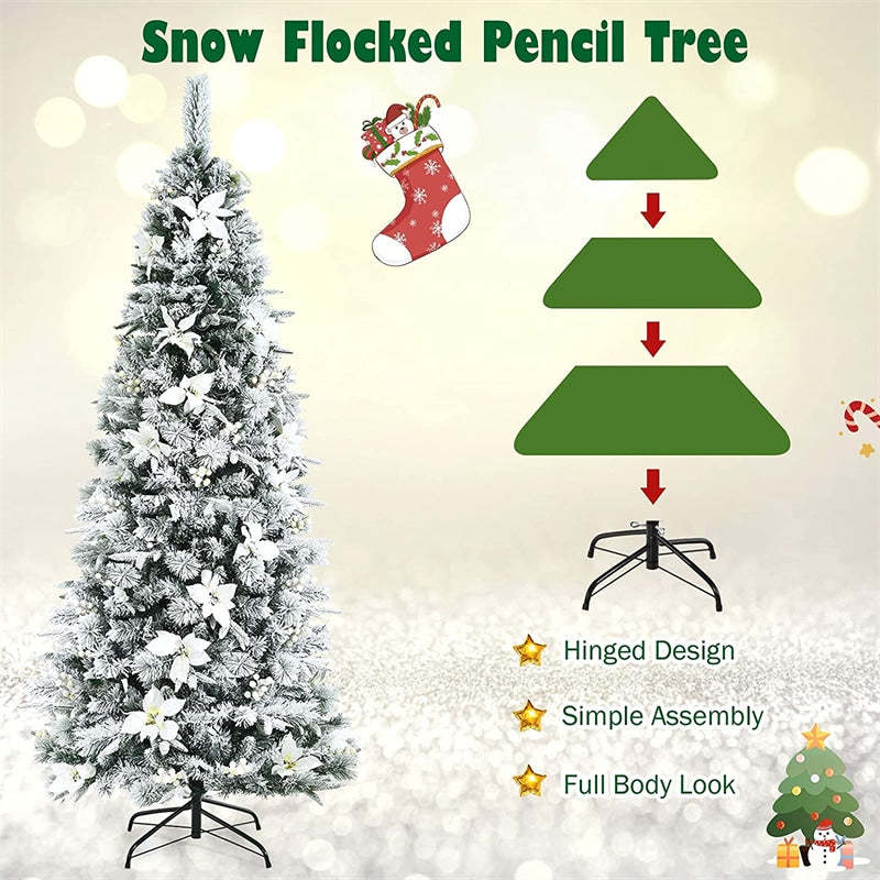 8ft Snow Flocked Pencil Artificial Christmas Tree Holiday Decoration