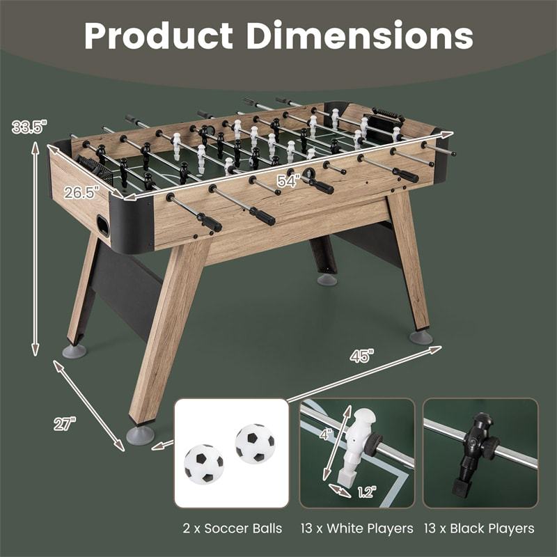 54" Foosball Table for Adults, Competition Full-Size Arcade Soccer Game Table with 2 Balls, 26 Players & Adjustable Leg Levelers