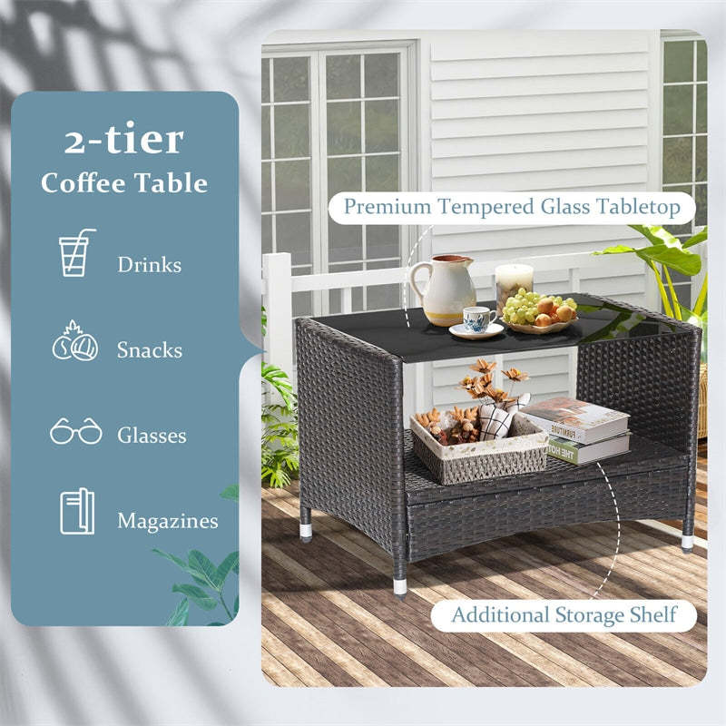 4 Pieces PE Rattan Patio Furniture Set Outdoor Wicker Conversation Set with 2-Tier Coffee Table & Soft Cushions
