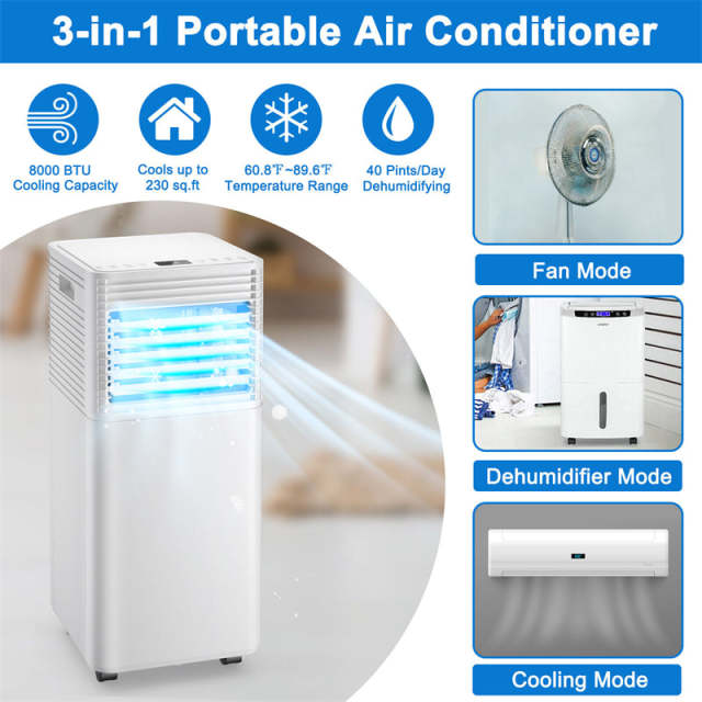 8000 BTU Portable Air Conditioner, 3-in-1 AC Unit Cools 230 sq.ft with Dehumidifier, Fan & Sleep Mode, Remote, Vent Kit for Bedroom, Office