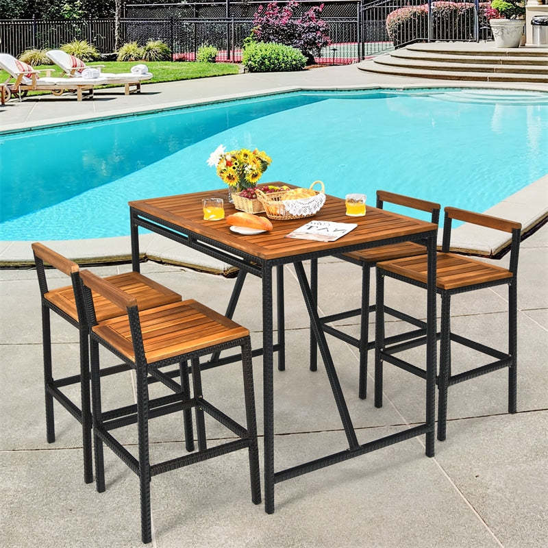 5 Piece Acacia Wood Rattan Patio Bar Height Dining Set with 4 Bar Stools Umbrella Hole