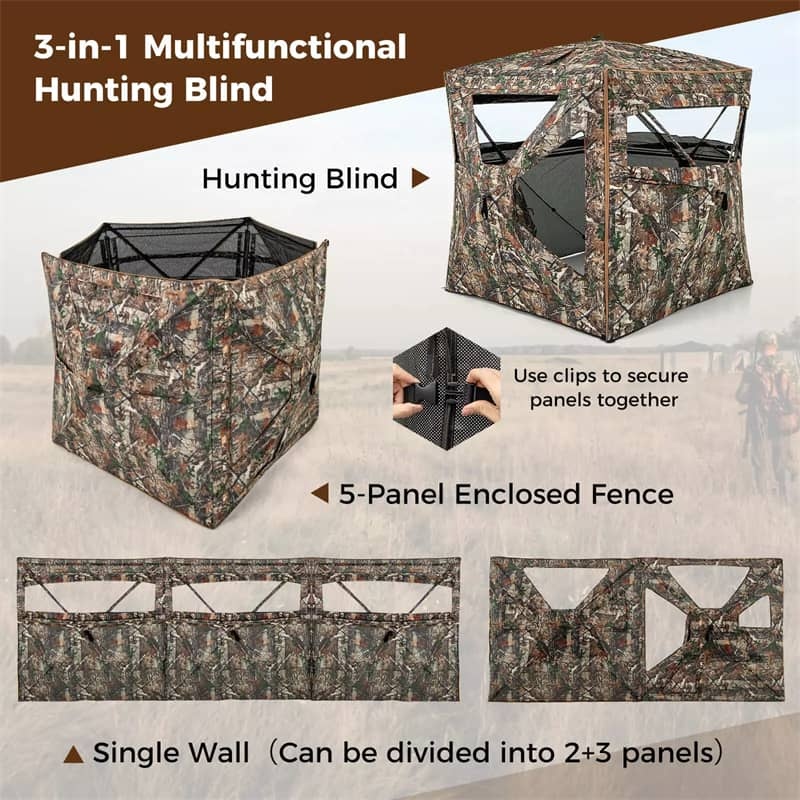 360° One-Way See-Through Hunting Blind 3-in-1 Multifunctional Camo Hunting Tent Stakeout Hunting Blind with Skylight, Roof Cover, Carrying Bag