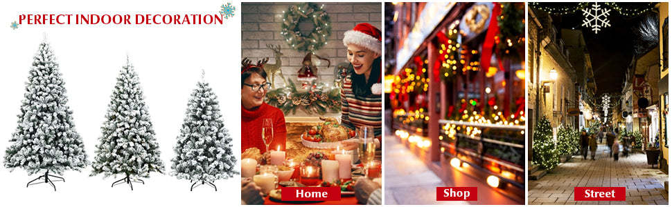 4.5ft Pre-Lit Snowy Artificial Christmas Tree Flocked Xmas Tree with 200 LED Lights & Metal Stand for Holiday Decoration