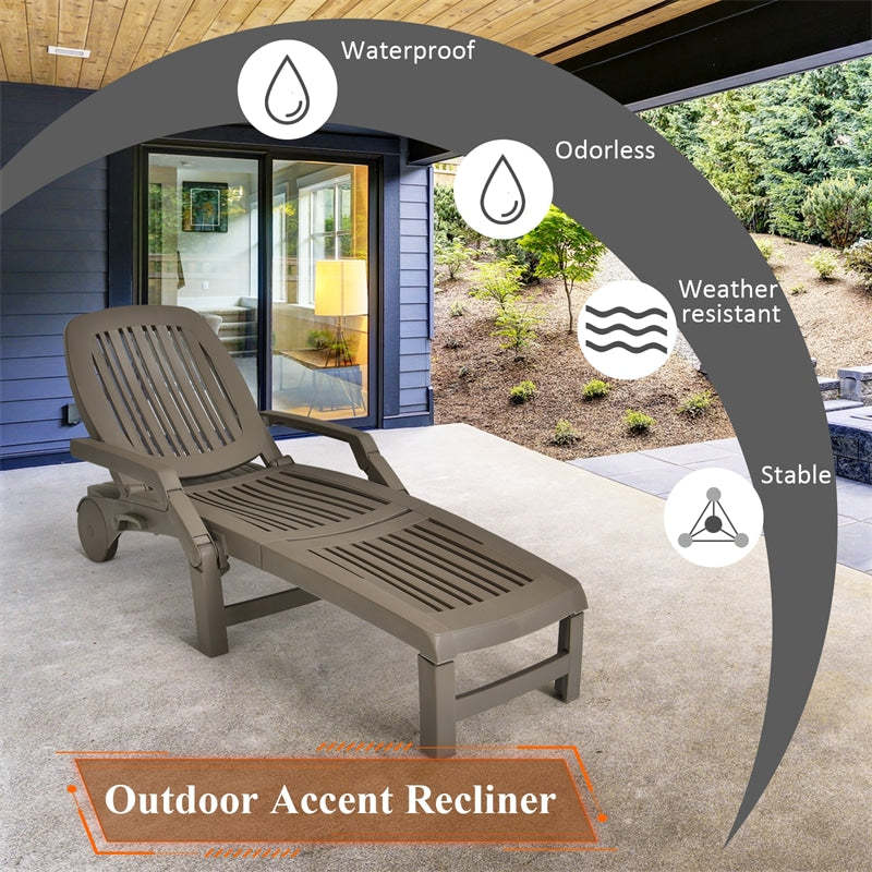 he Folding Outdoor Chaise Lounge, Weatherproof Plastic Lounge Chair with 6-Position Adjustable Backrest & Wheels for Poolside, Patio, Beach