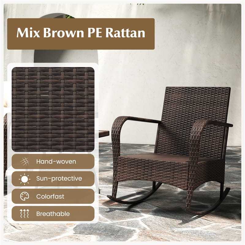 3 Piece Rocking Bistro Set Patio PE Rattan Rocking Chair with Tempered Glass Coffee Table, Back & Seat Cushions, Outdoor Wicker Furniture Set