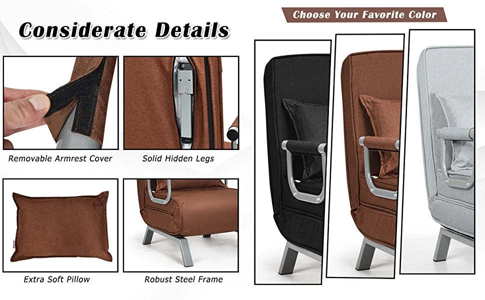Convertible Sleeper Chair Bed Folding Armchair 5-Position Adjustable Lounge Couch Bed with Pillow