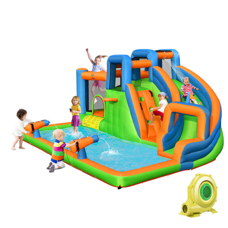 Inflatable Water Slide Park, 7-in-1 Mega Bounce House Water Slide Combo with 735W Blower, Splash Pool, Climbing Walls for Kids, Backyard Family Fun