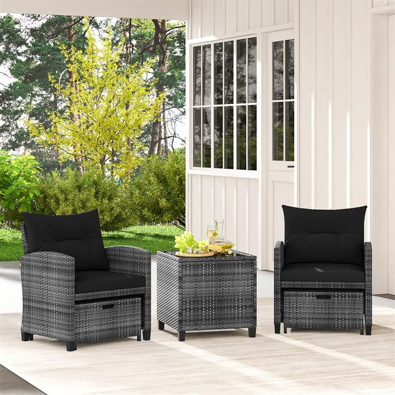 5-Piece Patio Rattan Furniture Set, Wicker Cushioned Chairs with 2 Ottomans & Tempered Glass Coffee Table for Backyard, Lawn, Poolside, Deck