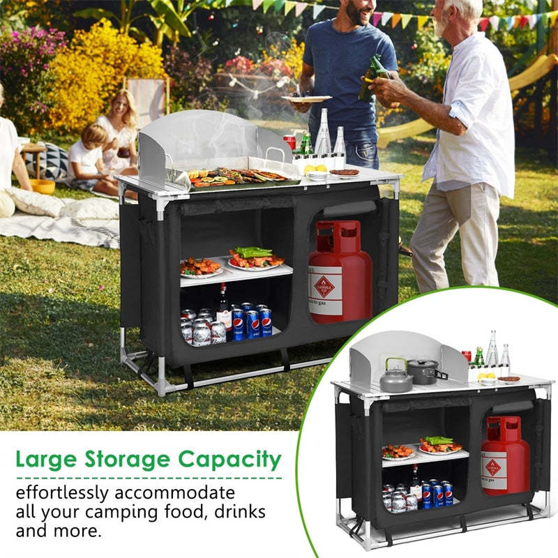 Camping Kitchen Table Portable Outdoor Cooking Table Grill Table for Picnic BBQ with Windscreen, Storage Organizer & Removable Sink