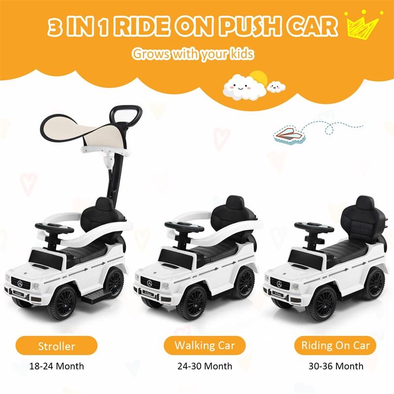 3-in-1 Push Car for Toddlers, Mercedes Benz G350 Stroller Sliding Car w/Canopy, Handle, Guardrail & Storage, Foot-to-Floor Ride-On Toy for Kids