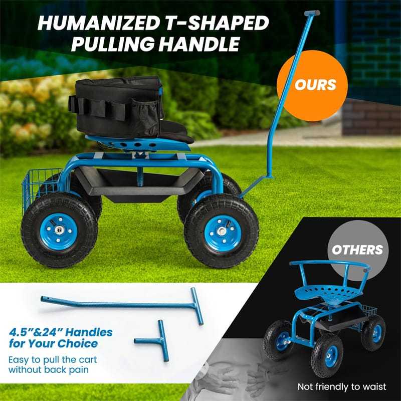 Rolling Garden Cart with 360° Swivel Seat, Tool Tray, Storage Basket, Removable Cushion & Handle, Height Adjustable Gardening Workseat for Patio Lawn