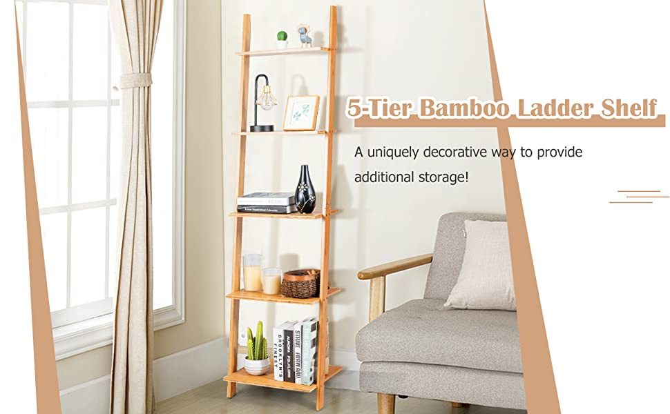 5-Tier Bamboo Ladder Plant Stand Leaning Bookshelf Display Shelf