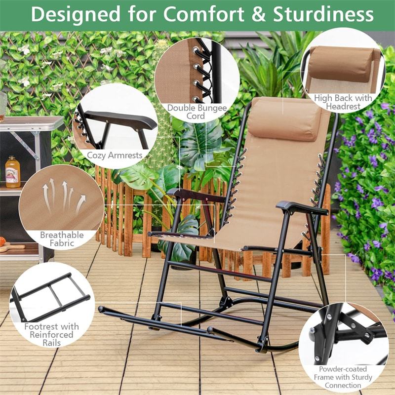 2PCS Folding Zero Gravity Rocking Chairs, High Back Outdoor Camping Rockers with Pillows, Armrests & Footrests, Portable Patio Lawn Chairs