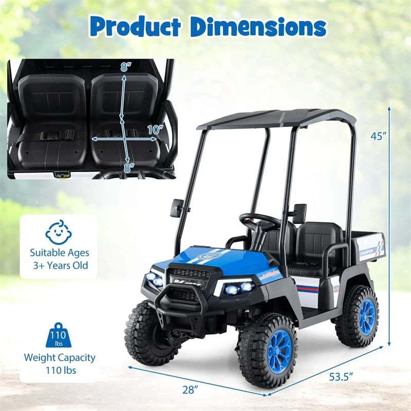 24V Kids Golf Cart, 4WD 2-Seater Electric Ride-On Car with Sun Shade, Storage Trunk, Remote Control & LED Lights for Boys & Girls Ages 3+