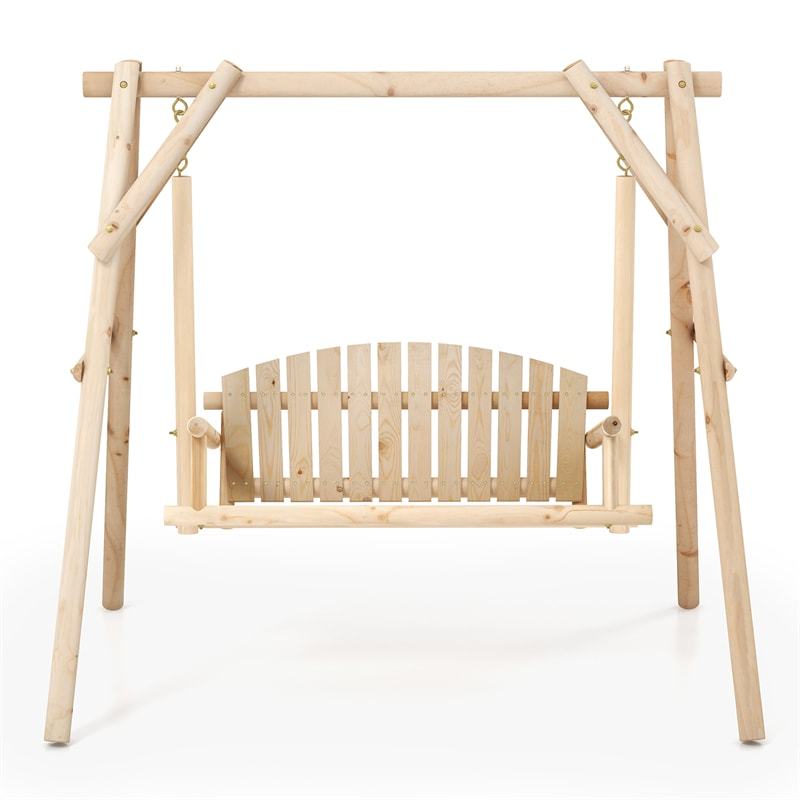 770lbs A-Frame Wooden Patio Swing with Stand, Reinforced Bars & Curved Back, Rustic Torched Log Porch Swing for Garden, Backyard
