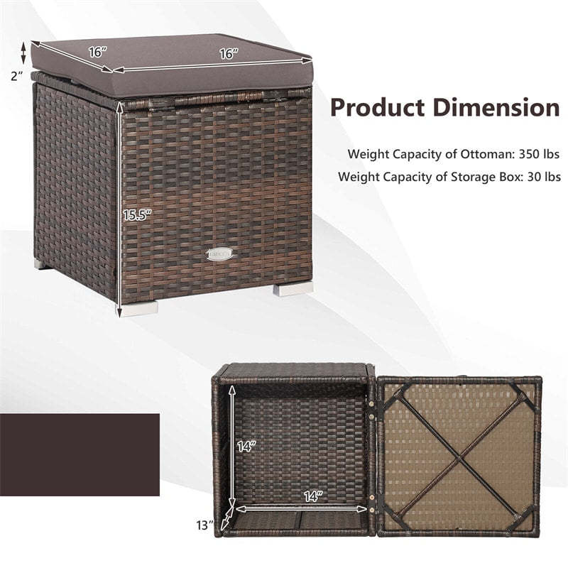 2PCS Wicker Patio Ottomans Hand-Woven PE Rattan Multipurpose Outdoor Footstool Side Table with Removable Cushions & Hidden Storage Box