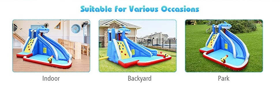Inflatable Water Slide Shark Bounce House Castle Splashing Pool with 750W Blower