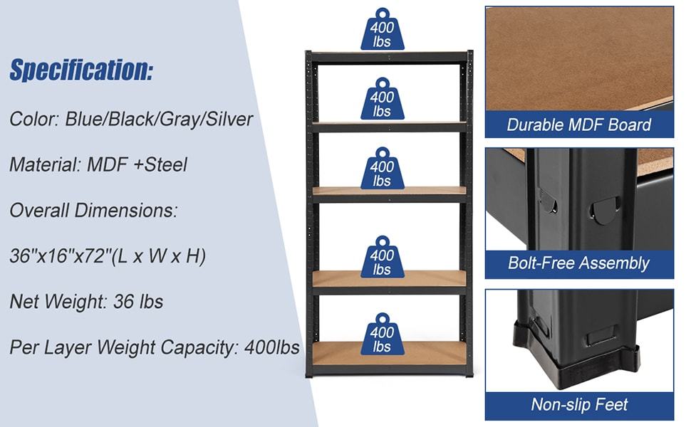 36" x 72" Heavy Duty Metal Storage Shelves 5 Tier Adjustable Garage Shelf Tool Utility Rack