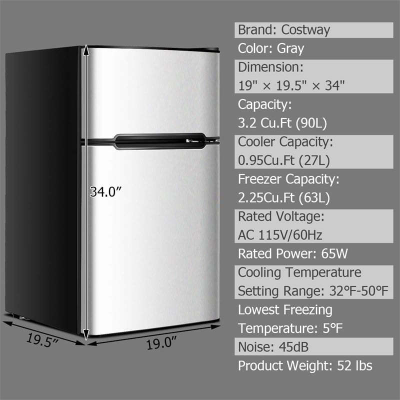 3.2 Cu. Ft. 2-Door Mini Fridge with Freezer, Compact Refrigerator with Temperature Control, Removable Shelves & Reversible Door for Dorm Office