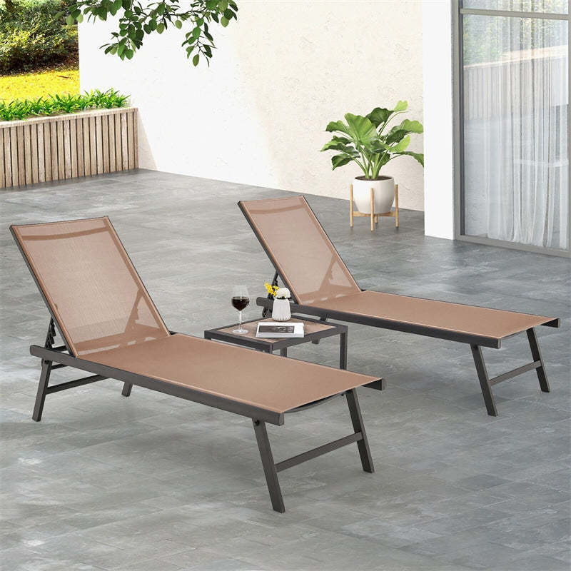 3-Piece Outdoor Aluminum Chaise Lounge Set with Side Table, 6-Position Adjustable Backrest Patio Lounge Chair for Poolside & Backyard