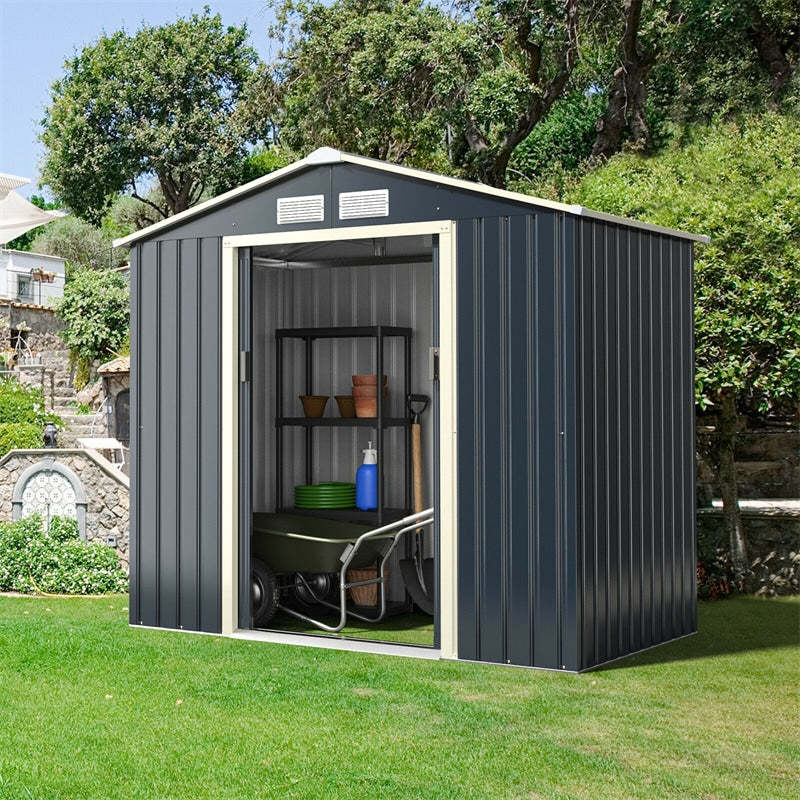 7' x 4' Large Metal Storage Shed, Galvanized Steel Garden Tool House with Lockable Double Sliding Door & Air Vents, Outdoor Backyard Storage Cabinet