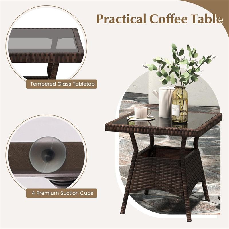 3 Piece Rocking Bistro Set Patio PE Rattan Rocking Chair with Tempered Glass Coffee Table, Back & Seat Cushions, Outdoor Wicker Furniture Set
