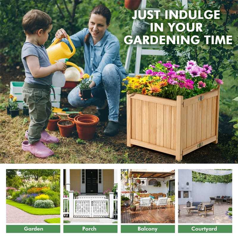 Wooden Raised Garden Bed Outdoor Foldable Square Planter Box with Removable Bottom & Drainage System, Raised Planter Bed for Flowers Fruits Herbs