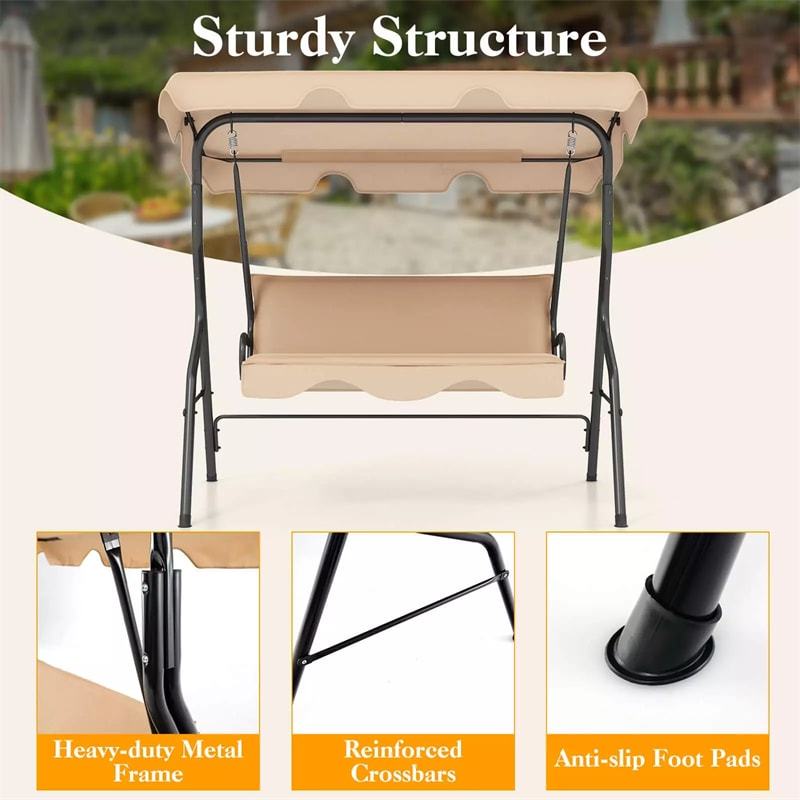 3-Seat Patio Swing with Adjustable Canopy & Removable Cushion, Powder-Coated Steel Frame Outdoor Porch Swing for Backyard, Garden, Balcony