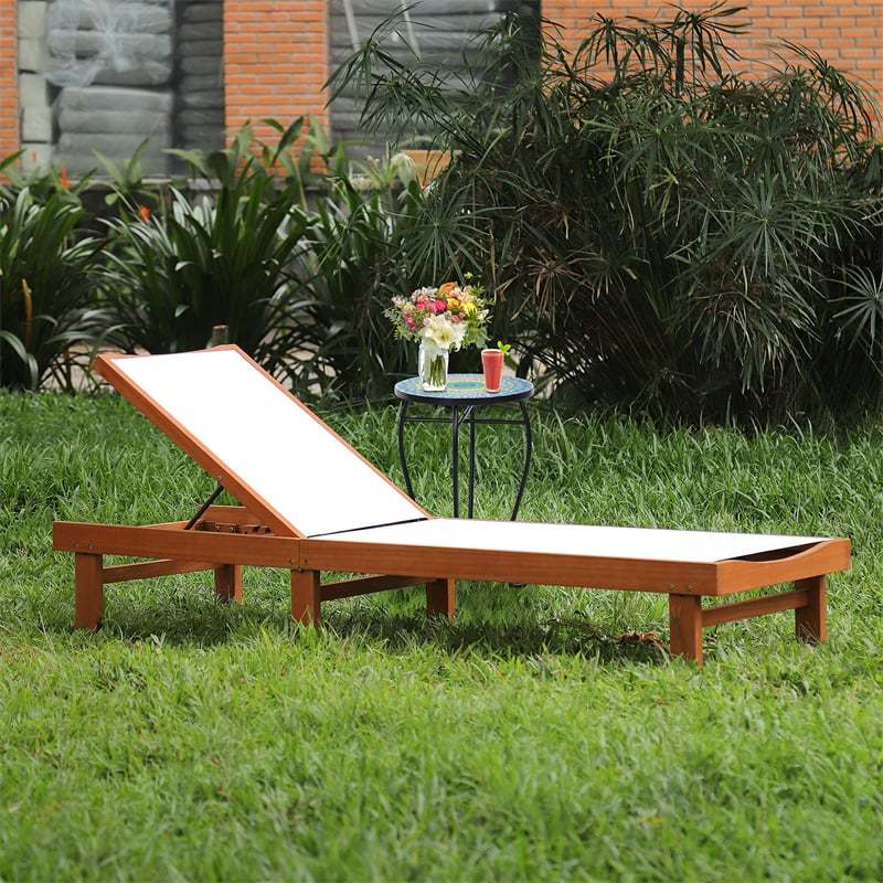 2PCS Outdoor Eucalyptus Wood Chaise Lounge with 5-Position Adjustable Backrest & Quick-Dry Fabric, Reclining Patio Lounge Chair for Poolside, Backyard