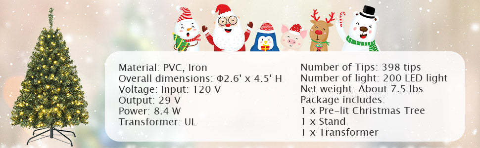 4.5ft Pre-lit Spruce Christmas Tree Hinged Artificial Xmas Tree with 200 LED Lights & Solid Metal Stand