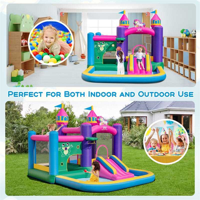Inflatable Bounce House, 6-in-1 Unicorn Jumping Bouncy Castle with Slide, 2 Ball Pits & Basketball Rim for Kids Indoor Outdoor Fun, Birthday Gift