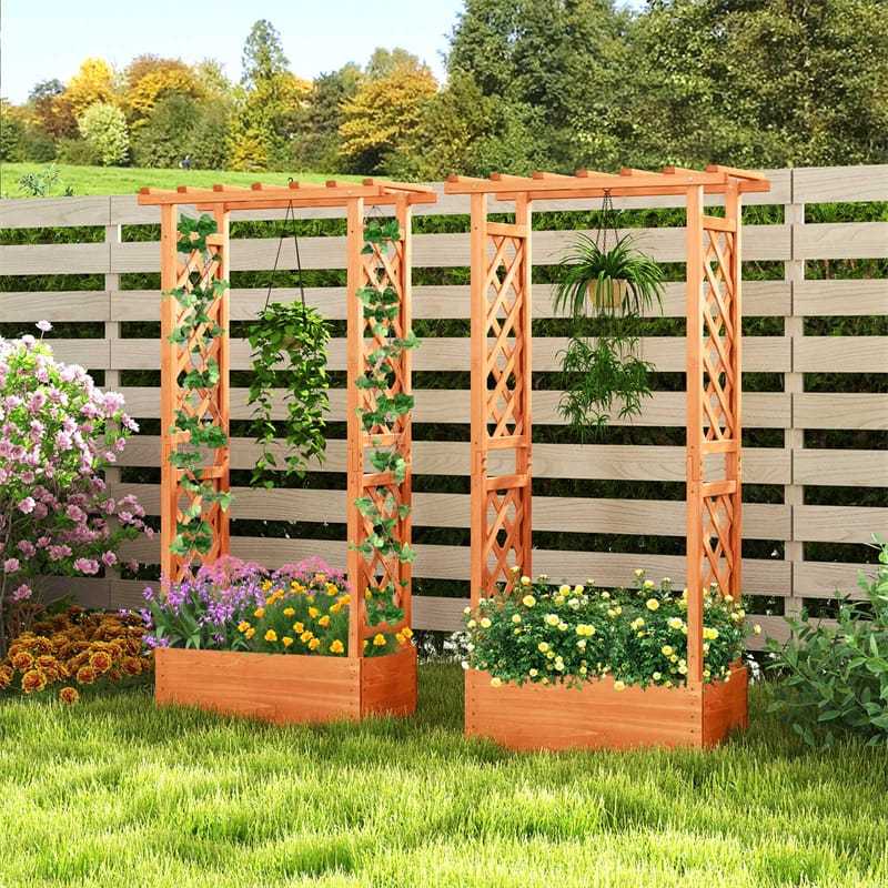 Raised Garden Bed with 2-Sided Trellis, Hanging Roof, Drainage Holes, Indoor/Outdoor Wood Planter Box for Climbing Plants, Vines, Flowers