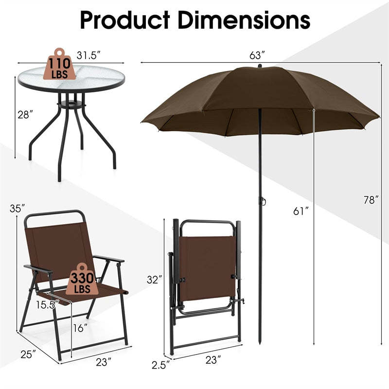 6 Piece Patio Dining Set Outdoor Folding Chairs Set with Tempered Glass Table & Tilt Umbrella, Portable Patio Table and Chairs for Lawn Garden Yard