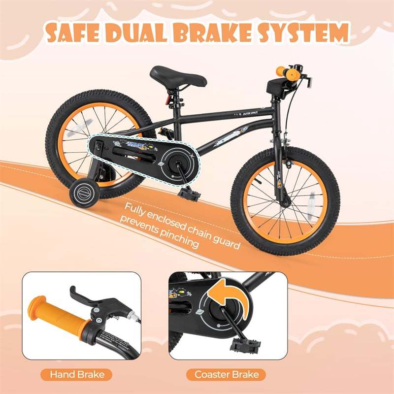 16-Inch Kids Bike, Sports Bicycle for 4-7 Years Old with Height Adjustable Seat, Fully Enclosed Chain Guard & Removable Training Wheels
