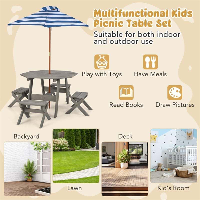 Kids Picnic Table & Bench Set, Fir Wood Octagon Table with Chairs & Removable Umbrella, Toddler Activity Furniture for Patio Garden Backyard