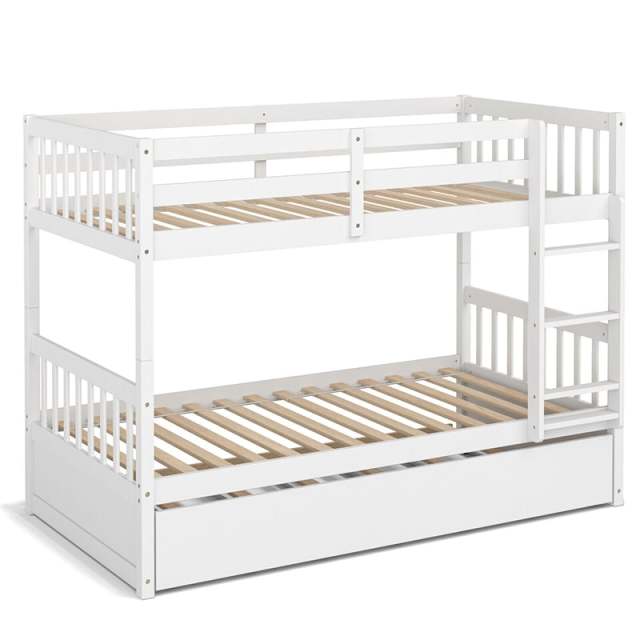 Twin Over Twin Bunk Bed with Twin Trundle, Solid Wood Platform Bed Frame Space-Saving Convertible Bunk Bed with Ladder for Teens & Adults