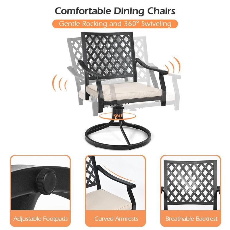 2 PCS 360° Swivel Patio Dining Chairs Metal Lattice Rocker Chairs with Cushions & Curved Armrests