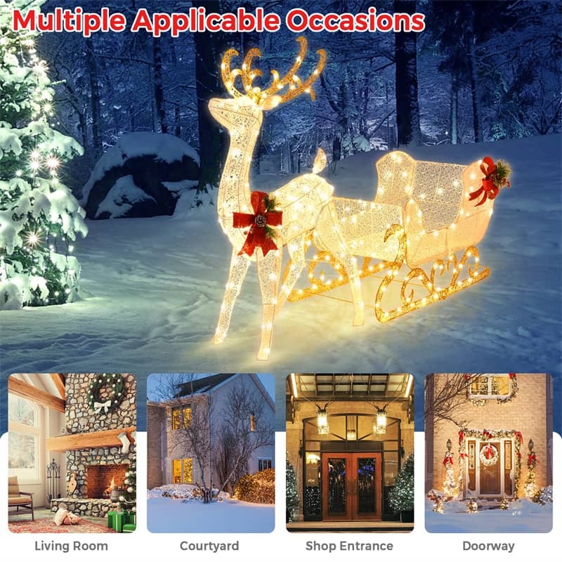 6FT Christmas Lighted Reindeer & Santa's Sleigh with 215 LED Lights, 4 Ground Stakes, Xmas Lighted Outdoor Yard Decoration