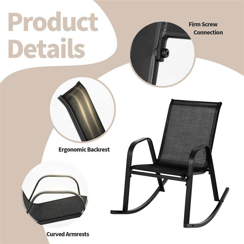 2PCS Outdoor Rocking Chairs, Ergonomic Patio Rockers with Breathable Fabric Seat & Back, Heavy-Duty Metal Frame for Backyard, Garden Front Porch