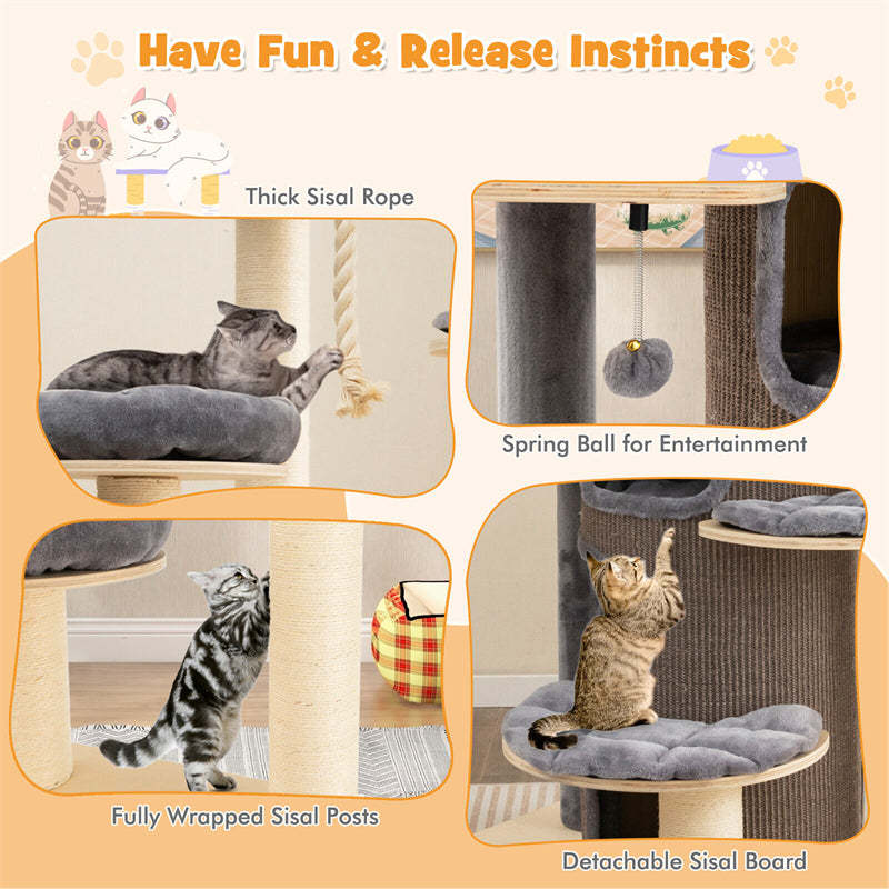67" Tall Cat Tree, Modern Multi-Level Cat Tower with 3-Story Condo, 2 Perch, Hammock, Sisal Posts & Hanging Play Rope for Large Indoor Cats 20 lbs
