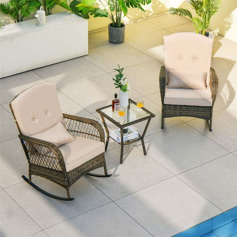3-Piece Outdoor Wicker Rocking Bistro Set, Patio PE Rattan Rocking Chairs with Tempered Glass Side Table & Cushions for Porch, Poolside, Backyard