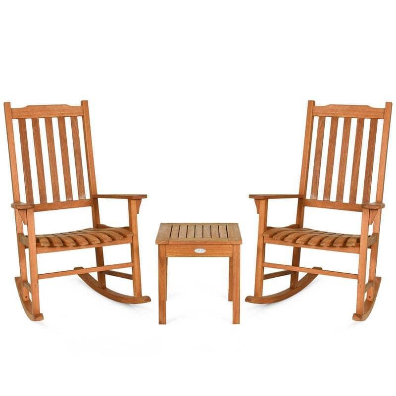 3-Piece Eucalyptus Wood Rocking Bistro Set with 2 Rockers & Coffee Table, Outdoor Rocking Chair Set for Patio, Backyard, Porch, Poolside
