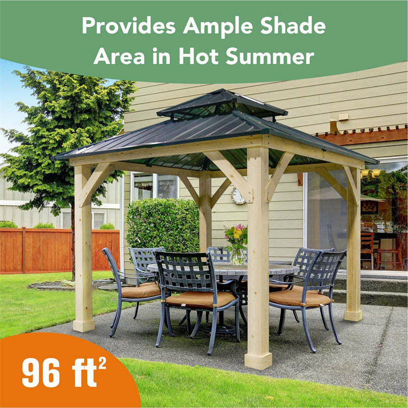 10 x 10 FT Outdoor Patio Hardtop Gazebo Double Steel Roof Solid Wood Frame